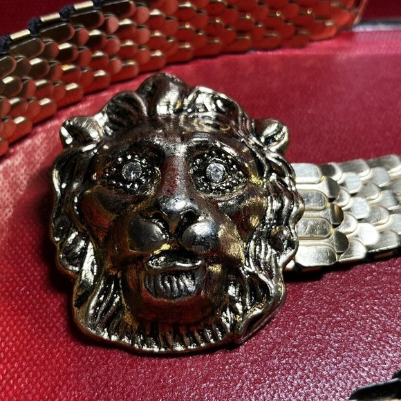 Signed STANGER NY Dramatic Gold Lion Rhinestone Gold Belt 26” Stretches To 45” - Picture 2 of 4